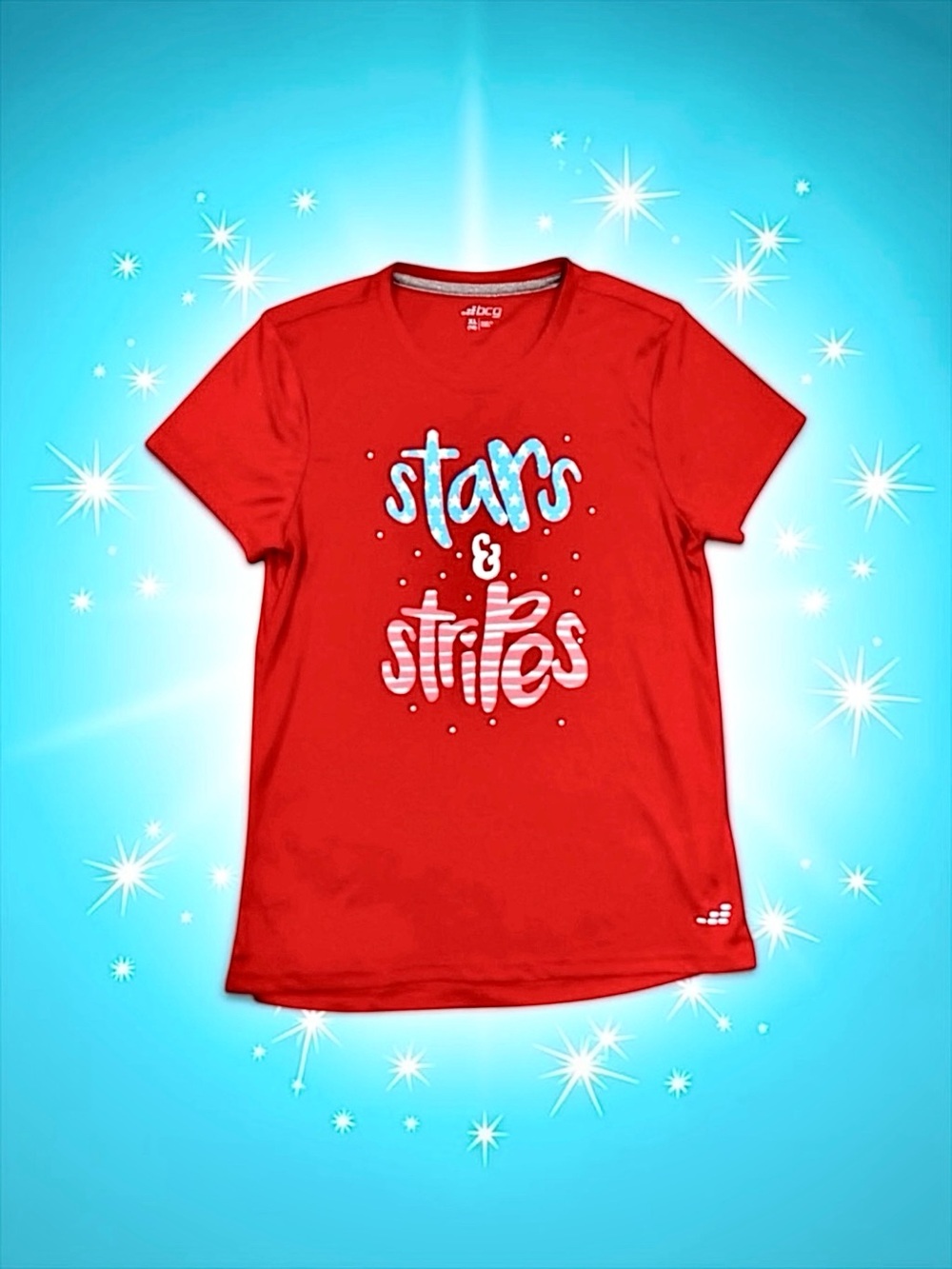 BCG Girls Stars & Stripes Athletic Performance Tee XL (16) Red White Blue